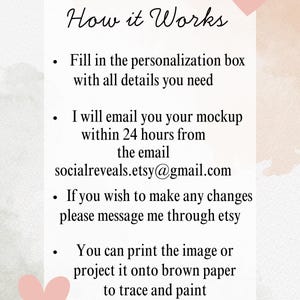 May include: A white card with the text "How it Works" and bullet points explaining the process. The card includes the email address socialreveals.etsy@gmail.com and is decorated with two pink hearts. The background has a watercolor effect.