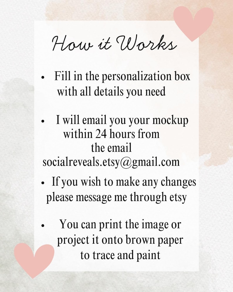 May include: A white card with the text "How it Works" and bullet points explaining the process. The card includes the email address socialreveals.etsy@gmail.com and is decorated with two pink hearts. The background has a watercolor effect.