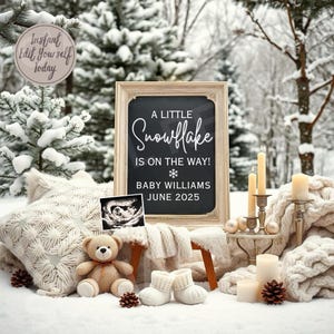 Pregnancy Announcement Winter Digital Template for Bear Pregnancy Editable Photo Announcement for Social Media Baby Reveal