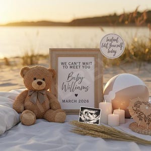 Beach Pregnancy Announcement Digital Bear Pregnancy Announcement Template for Neutral Pregnancy Editable Social Media Baby Announcement