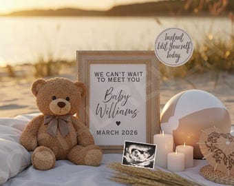 Beach Pregnancy Announcement: Teddy Bear Reveal (Digital Template)