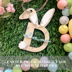 May include: Wooden Easter bunny initial letter D with a light blue "Dax" name tag. The letter is on a green grass background with pastel colored Easter eggs.