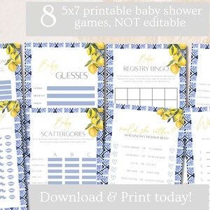 Lemon Blue Tile Baby Shower Games Bundle. Italian Instant Download Games for Baby Shower. Digital Game Package. Positano Printable.