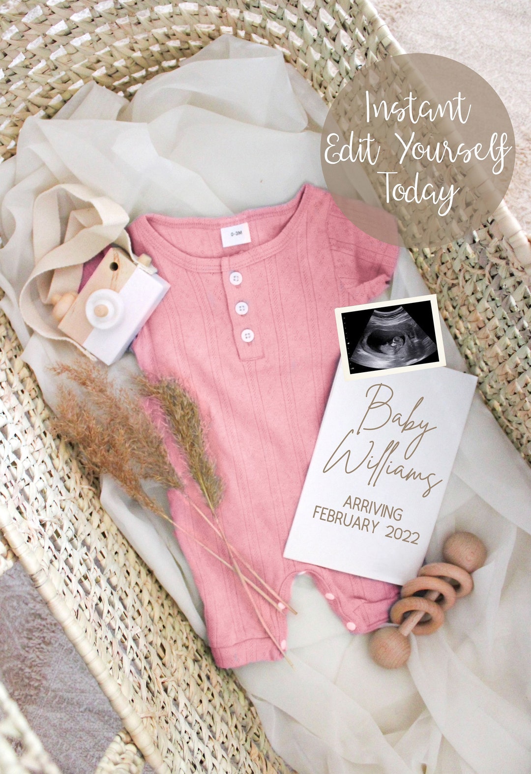 Girl Digital Pregnancy Announcement for Social Media. Editable Etsy
