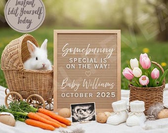 May include: A white bunny in a wicker baby carriage, a letter board with the text "Come bunny special is on the way! Baby Williams October 2025", carrots, a basket of pink and white tulips, and a baby ultrasound image.
