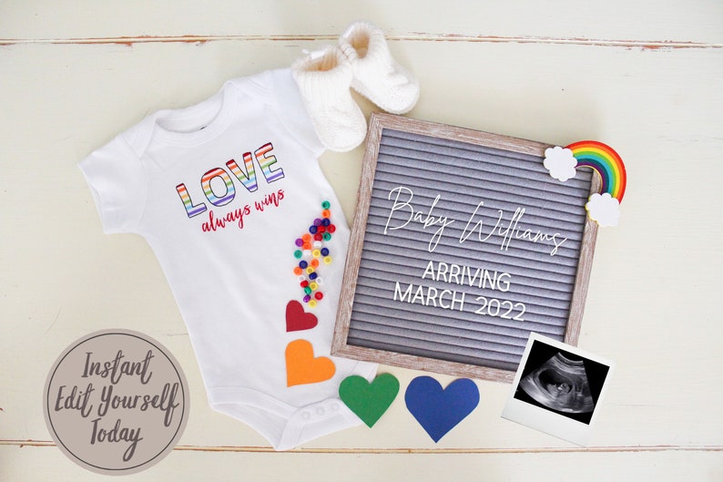 Pride Love Always Wins Digital Pregnancy Announcement. LGBTQIA Pregnancy Announcement. image 1