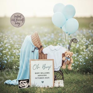 Annuncio di gravidanza "It's A Boy" digitale per i social media Modello di annuncio di gravidanza per rivelazione del sesso del bambino Foto modificabile
