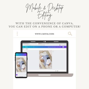 Puede incluir: Un port&aacute;til y un tel&eacute;fono inteligente que muestran el sitio web de Canva, mostrando un dise&ntilde;o de un beb&eacute; en una cesta con un mono azul y un cartel que dice "Baby Girl". El texto del sitio web dice "www.canva.com".
