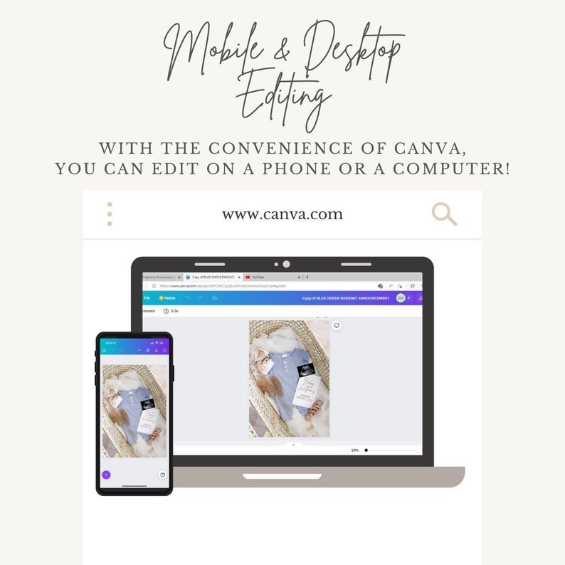 Puede incluir: Un port&aacute;til y un tel&eacute;fono inteligente que muestran el sitio web de Canva, mostrando un dise&ntilde;o de un beb&eacute; en una cesta con un mono azul y un cartel que dice "Baby Girl". El texto del sitio web dice "www.canva.com".