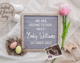 Könnte beinhalten: Ein graues Buchstabenbrett mit dem Text "We are adding to our nest! Baby Williams October 2022". Es gibt eine rosa Tulpe, ein Nest mit zwei Eiern, eine Babysocke und ein Ultraschallbild auf einem weißen Stoffhintergrund.