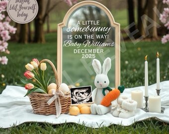 Puede incluir: Un conejito blanco con una zanahoria en su mano está sentado frente a un espejo con un anuncio de bebé. El espejo tiene un fondo blanco con el texto "A little somebunny is on the way! Baby Williams December 2025".