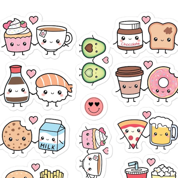 Perfect Match, Kawaii Couple Stickers, Kawaii Love, Professional Art, Bubble-free stickers, Cup Cake, Coffee, Milk, Peanut, Beer, Pizza