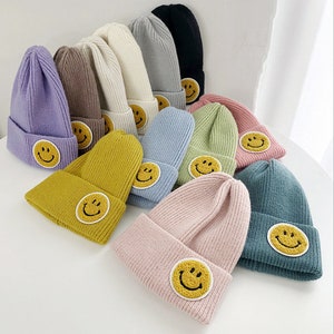 Happy Smiley Patch Beanie, Smiley Embroidered Beanie, Happy Smiley Face Hat, Smiley Hat,  Smiley Gifts