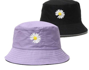 Bucket Hats for Women White Daisy Flowers Floral Black Casual Unisex  Fashion Bucket Printed Hat Sun Cap Packable Outdoor Fisherman Hat for Women  and Men Teens Beach Caps Fishing Cap, Style, Medium 