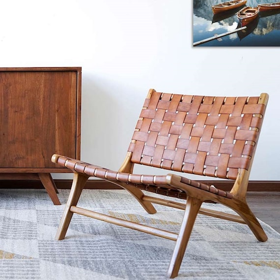 Op gemaakte stoel van hout gevlochten leer Marokko - Etsy België