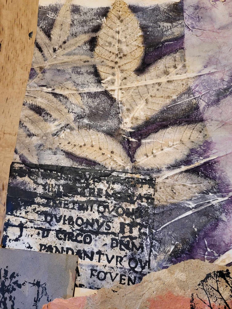Może przedstawiać: Zbliżenie na odcisk liścia na tle teksturowanego papieru. Liść jest jasnobrązowy, a papier ciemnoszary. Na papierze znajduje się wydrukowany tekst, w tym słowa "DVBONVS IT", "CIRCO DEN" i "FOVEN".