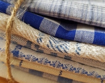 BLUE CHECK and STRIPES.Vintage Scrap pack bundle pieces, , cotton and linen, fabric pieces for projects ,slow stitching,crafts.
