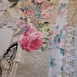 PÁJAROS, MARIPOSAS Y ROSAS, Paquete de retazos vintage, piezas de tela de algodón y lino para proyectos, costura lenta, patchwork