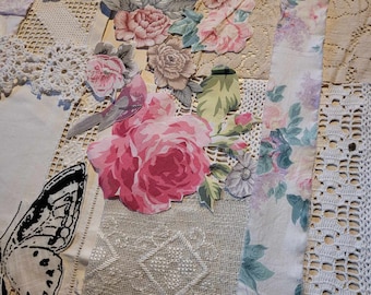 OISEAUX, PAPILLONS et ROSES, lot de pièces vintage, coton et lin, pièces de tissu pour projets, couture lente, patchwork