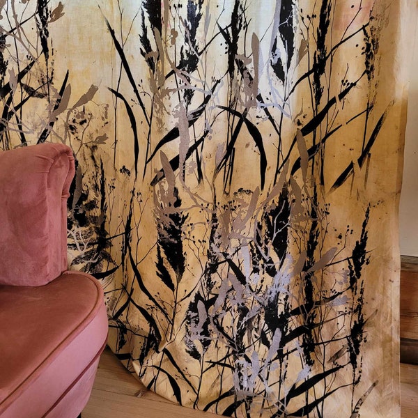 CURTAIN, hand  PRINTED PANNEL black grasses. pure cotton,hand printed  , fabric piece for home, projects ,slow stitching , soft furnishing