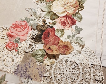 ROSES GRIMPANTES, lot de pièces vintage, coton et lin, pièces de tissu pour projets, couture lente, travaux manuels, patchwork