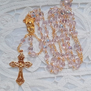 Z La Petit Fairy Light Pink AB Crystal Rosary in Gold Czech Made