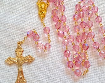 Light Pink AB Czech Crystal Rosary in Gold