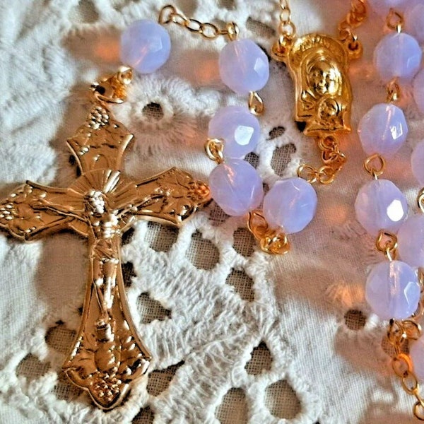 Purple Violet Fire Opal Czech Crystal Rosary in Gold or Silver Finish