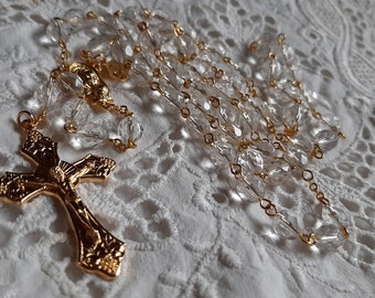 Transparent Clear Czech Crystal Rosary in Gold