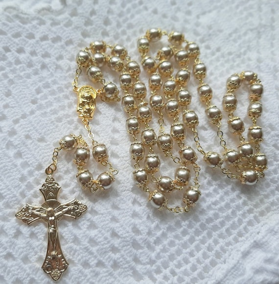 Silver Gloss Glass Pearl Rosary with 18K Gold Plated Crucifix and Filigree Capped Beads