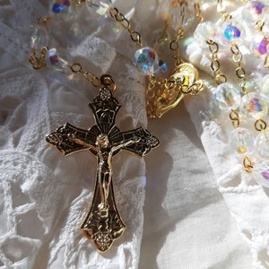 Aurora Borealis Clear Czech Crystal Rosary in Gold or Silver