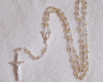 Mini Light Golden Yellow AB Czech Glass Rosary in Silver