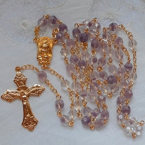 La Petit Lavender and Clear Ice Crystal Rosary in Gold