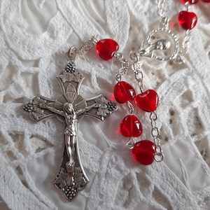 Red Glass Heart Czech Silver Finish Rosary in Large or Small Size