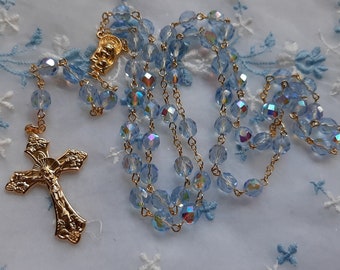 Light Blue AB Crystal Rosary with 18K Gold Plated Crucifix