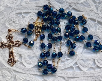 Capri Blue AB Crystal Rosary in Gold