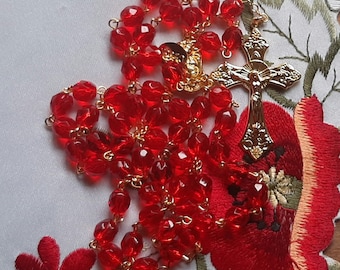 Poppy Red Czech Crystal Rosary in Gold