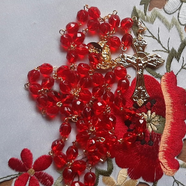 Poppy Red Czech Crystal Rosary in Gold