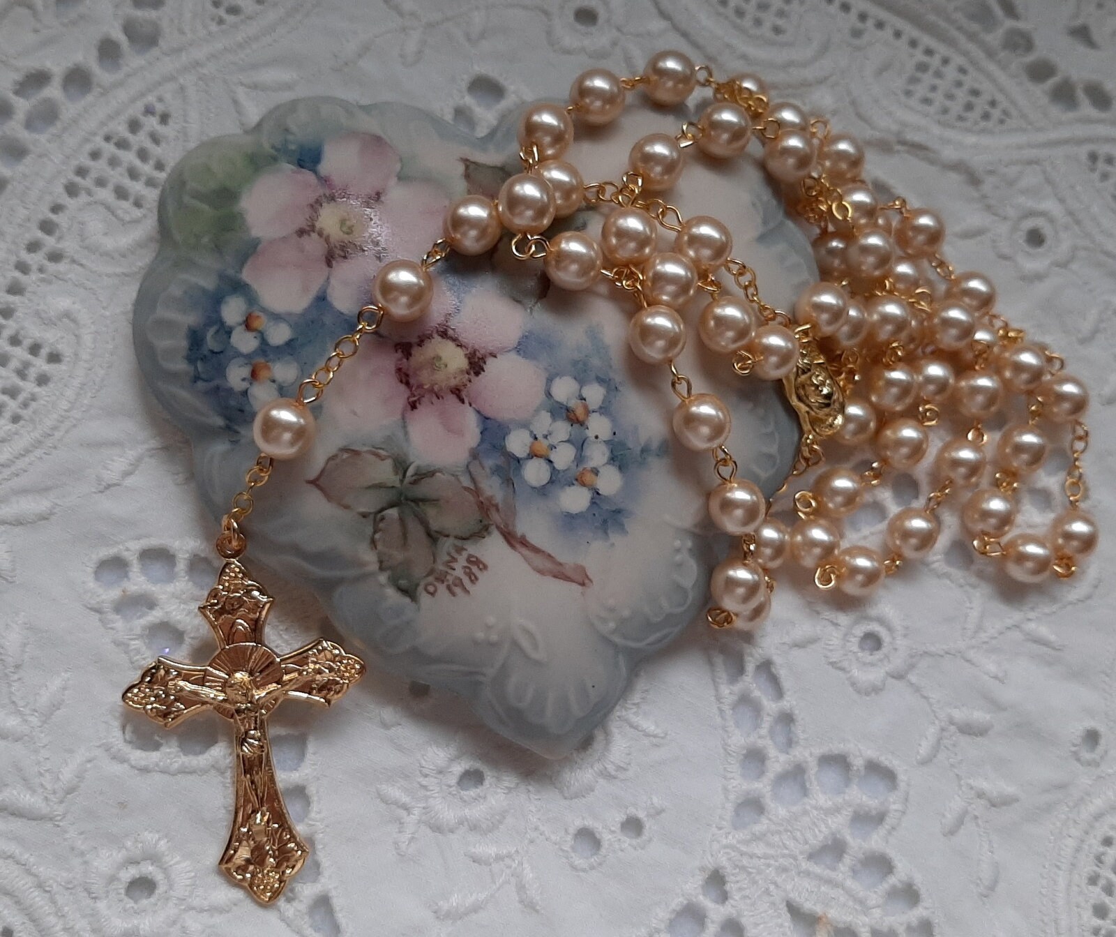 Parchment White Glass Pearl ROSARY with Hand Painted Ceramic Etsy