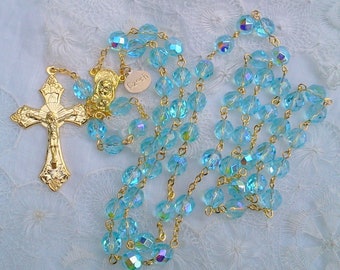 Aqua AB Czech Crystal Rosary in Gold
