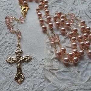 HRH Collection Rose Pink Glass Pearl and Crystal Rosary in Gold