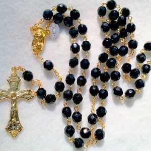 Opaque Black Crystal Rosary in Gold or Silver