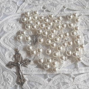 Wedding White Czech Glass Pearl Rosary in Gold or Silver