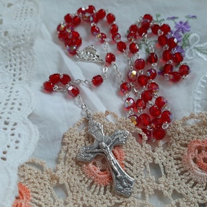 La Petit Red AB Czech Crystal Rosary Silver Finish
