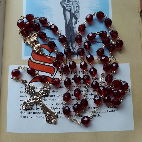 Dark Garnet Colored Czech Crystal Rosary Gold or Silver