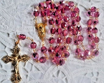 Pink Rose Metallic Ice Glass Rosary in Gold