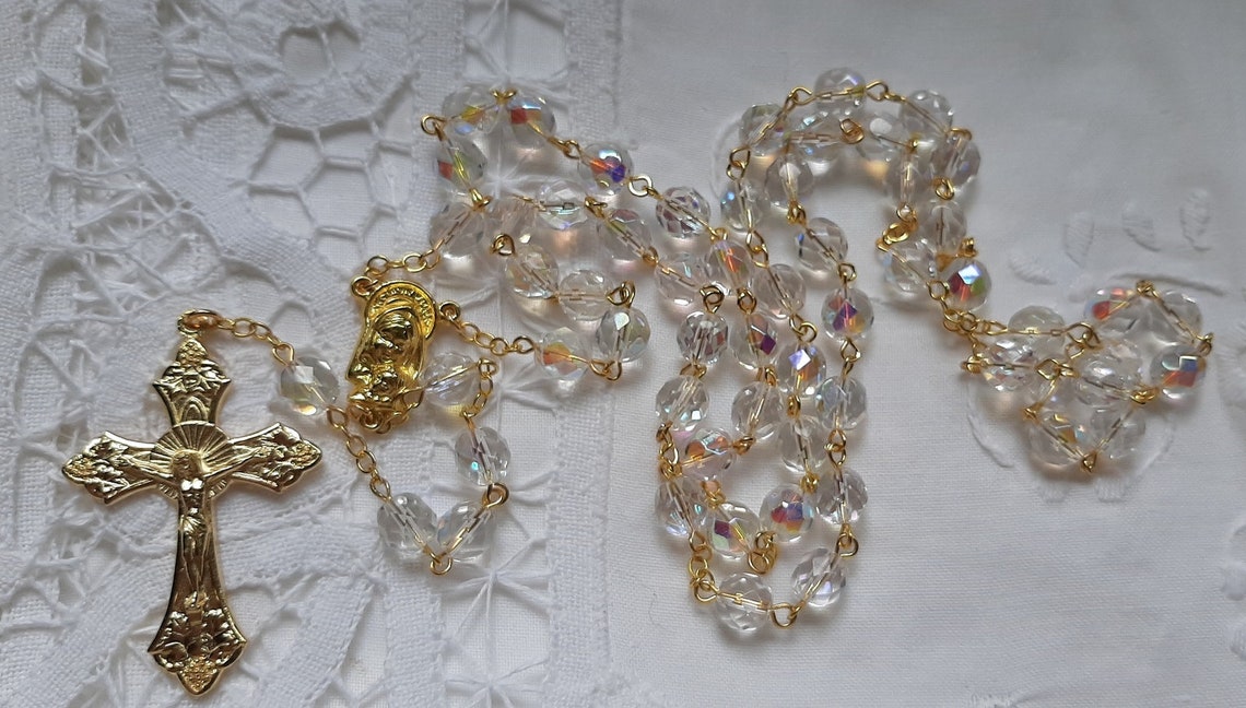 Crystal AB Czech Glass Rosary in Gold With Clear Heart Trinket Etsy