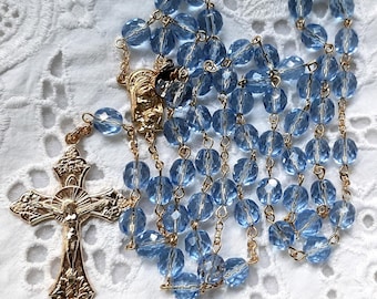 Transparent Sapphire Blue Crystal Rosary in Gold or Silver