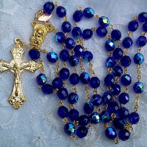 Cobalt Blue AB Czech Crystal Rosary in Gold