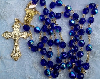 Cobalt Blue AB Czech Crystal Rosary in Gold